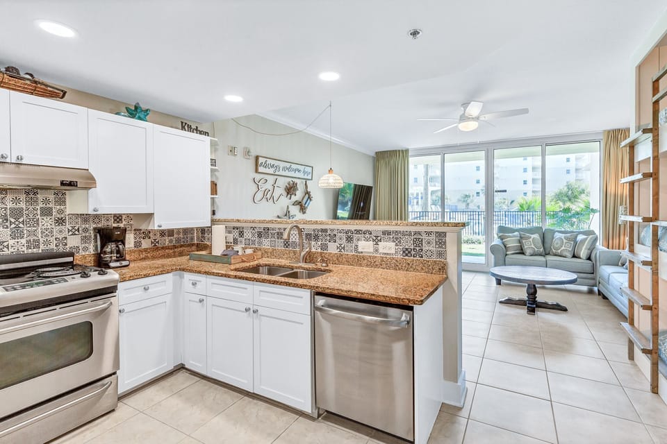 Large fully stocked kitchen has everything; crockpot, griddle, waffle maker, etc