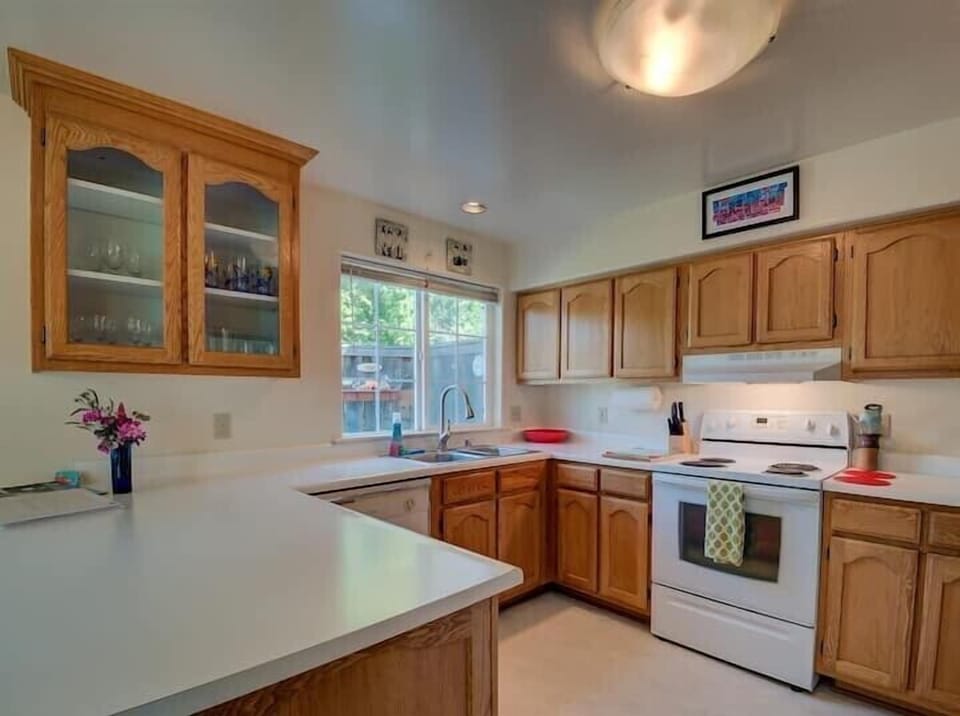 Bright and light filled large kitchen area.