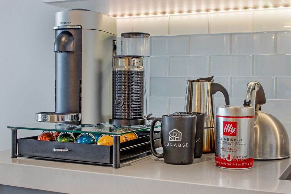Coffee / Tea Lovers: You are in for a treat, as the condo is stocked with a Nespresso machine, a Aeroccino milk frother, a stovetop espresso maker and stovetop tea kettle - along with Nespresso capsules, espresso and tea bags.