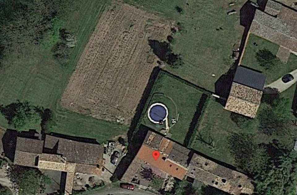 Google view property. Red marker is the gite with the enclosed garden & pool