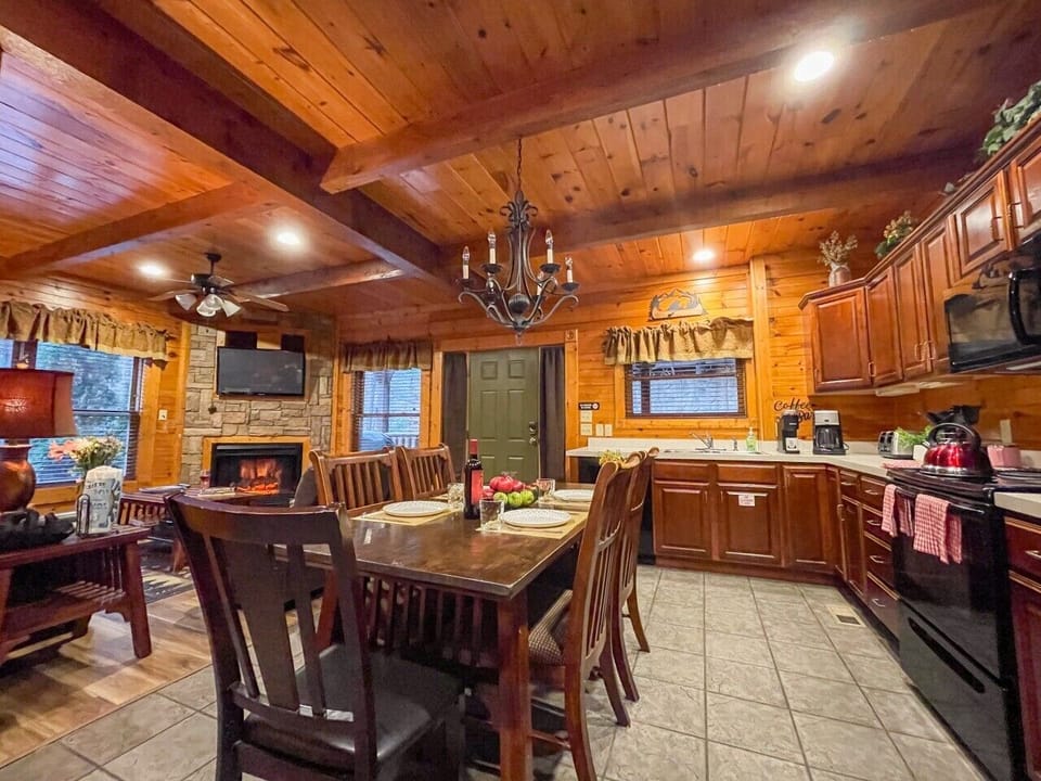 Open-plan kitchen, dining, and living in one connected space — seats 10 comfortably