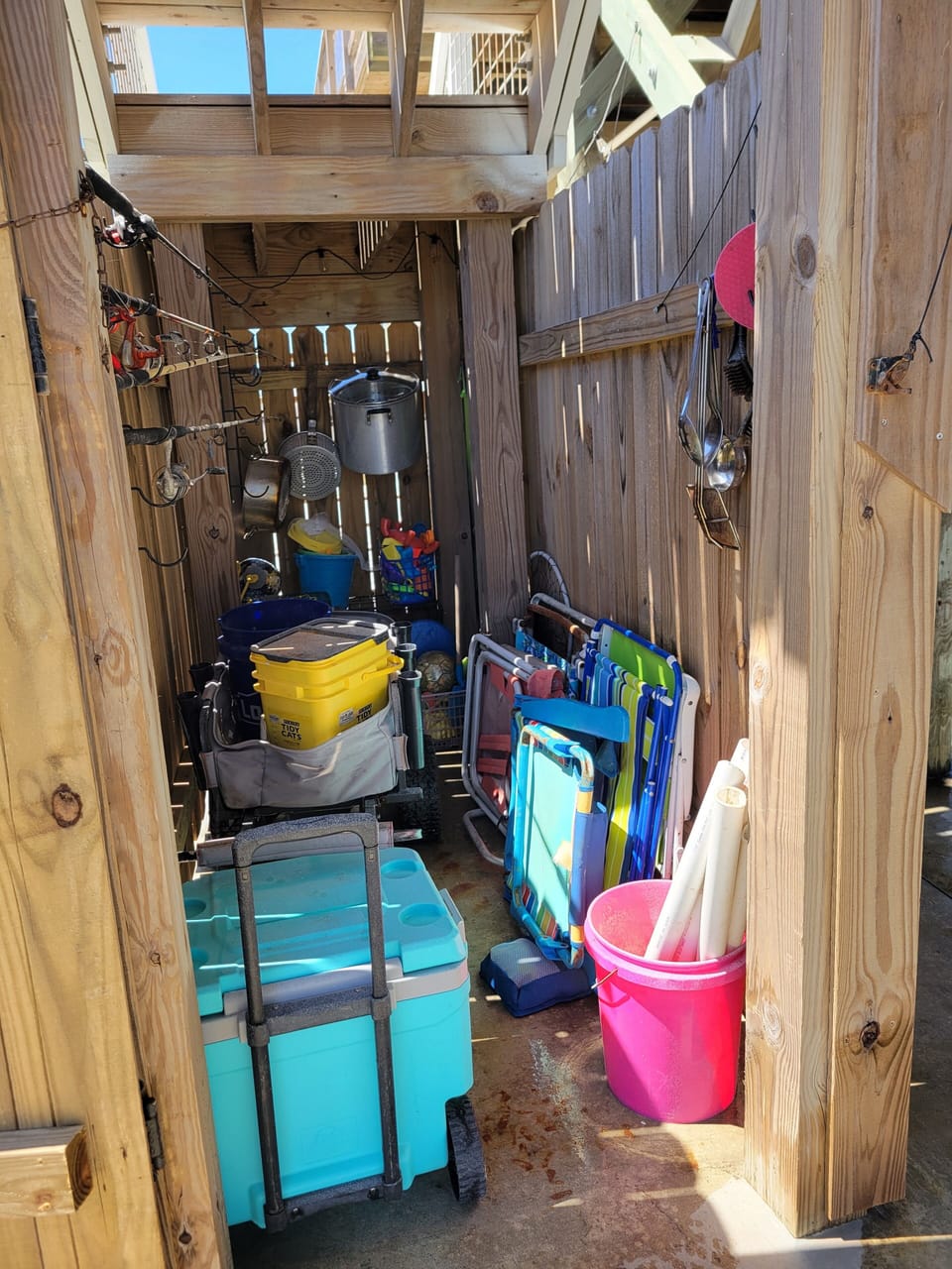 Fishing Shed under Stairs - Cooking Pot Utensils Some Fishing Equipment 
