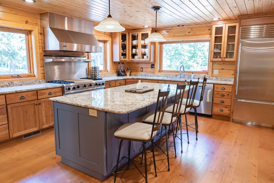 Gourmet kitchen with Viking range and Subzero refrigerator.  