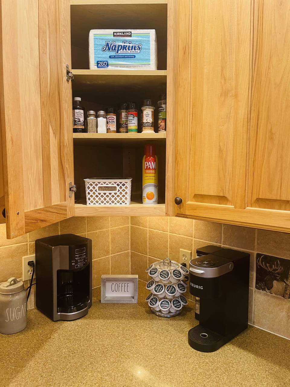 Microwave popcorn, full selection of spices and everything a coffee lover wants!