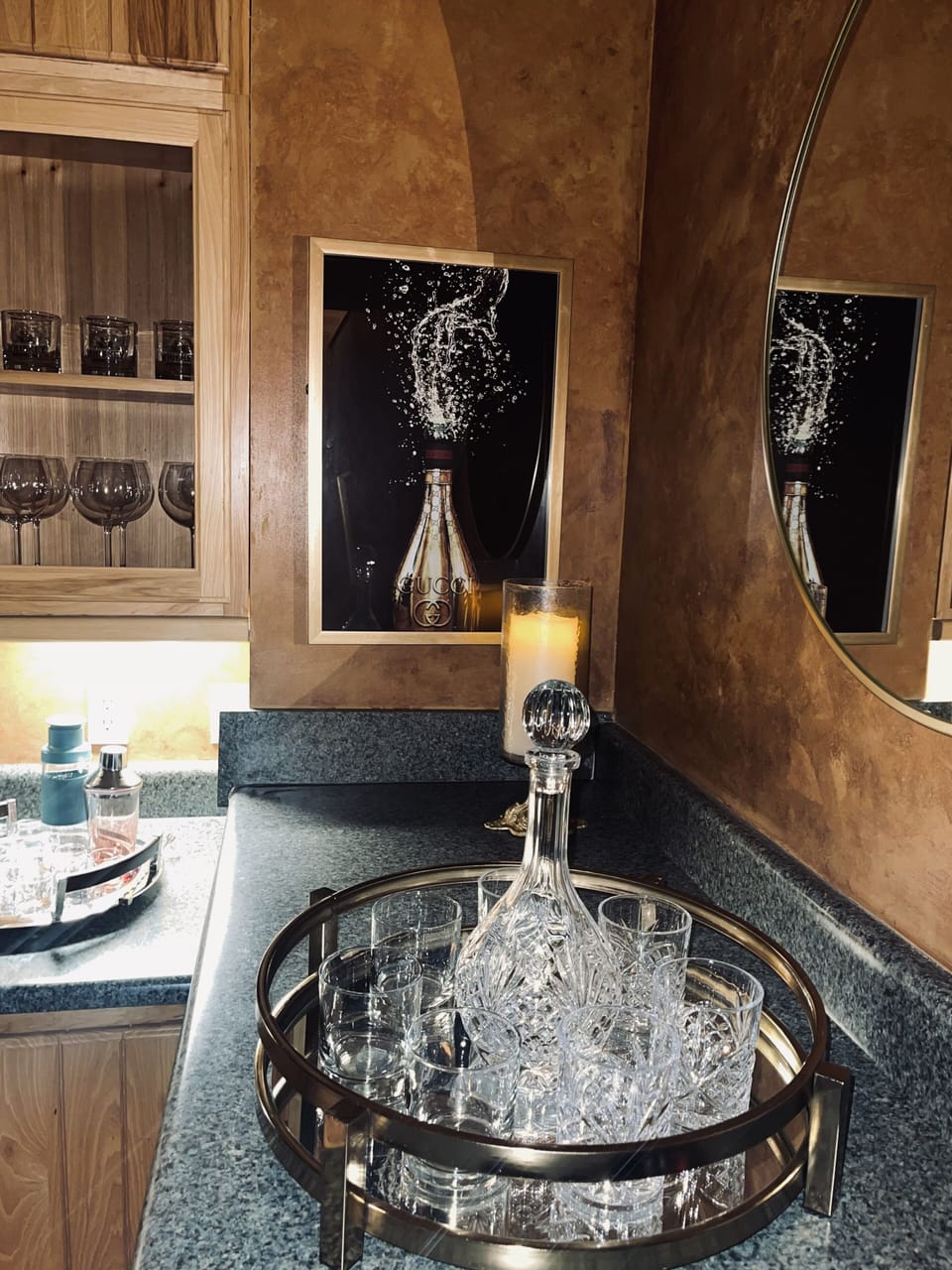 Lower Level Bar w/ Decanter set & Fancy glassware for the perfect night!