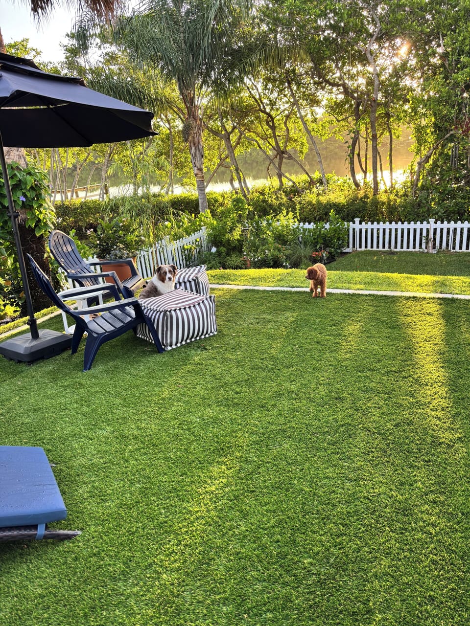 Large raised turf patio overlooking lake fed by the river.