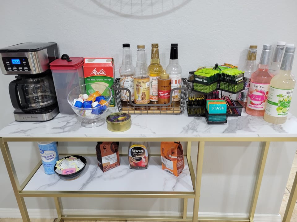 Fully stocked coffee and tea bar. Cocktail mixers too!
