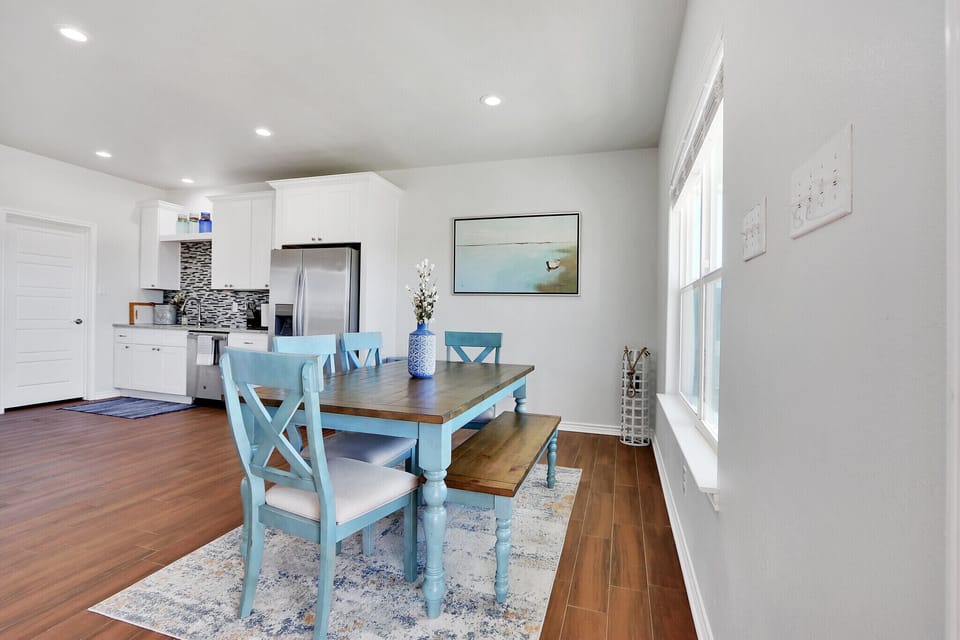 View from the dining table into the kitchen