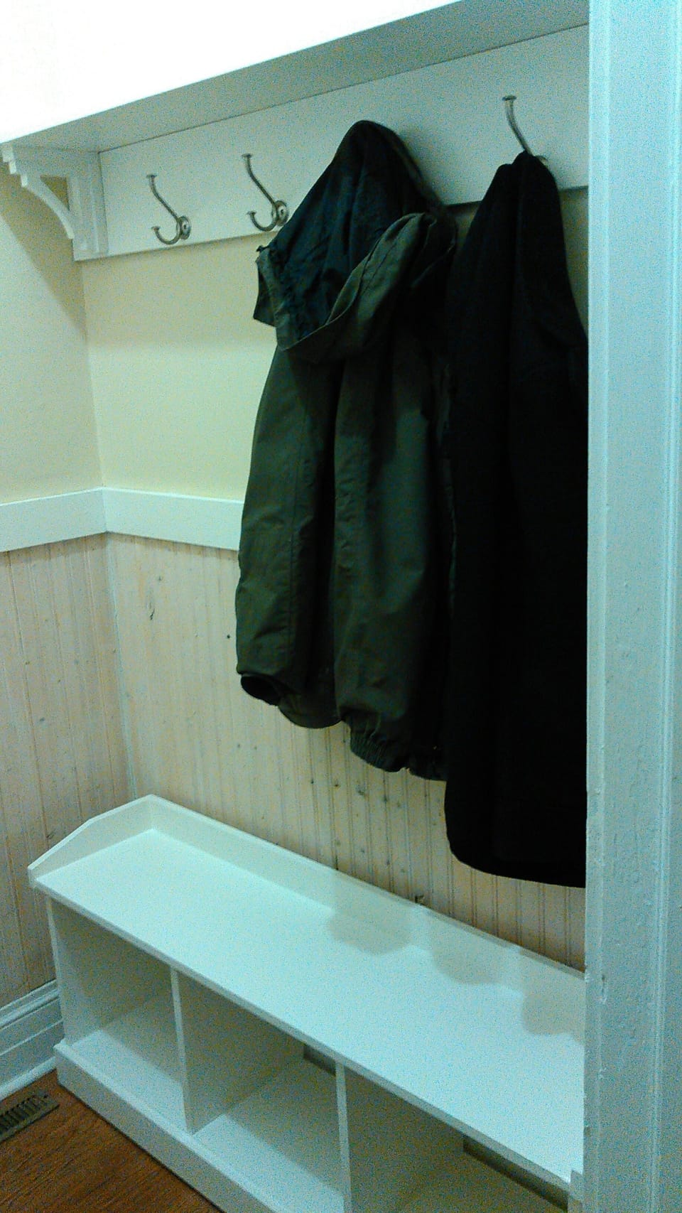Entry to mud room, shelves & coat hooks.