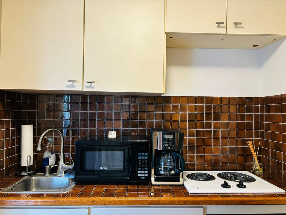 The kitchen is equipped with a stove, microwave, refrigerator
