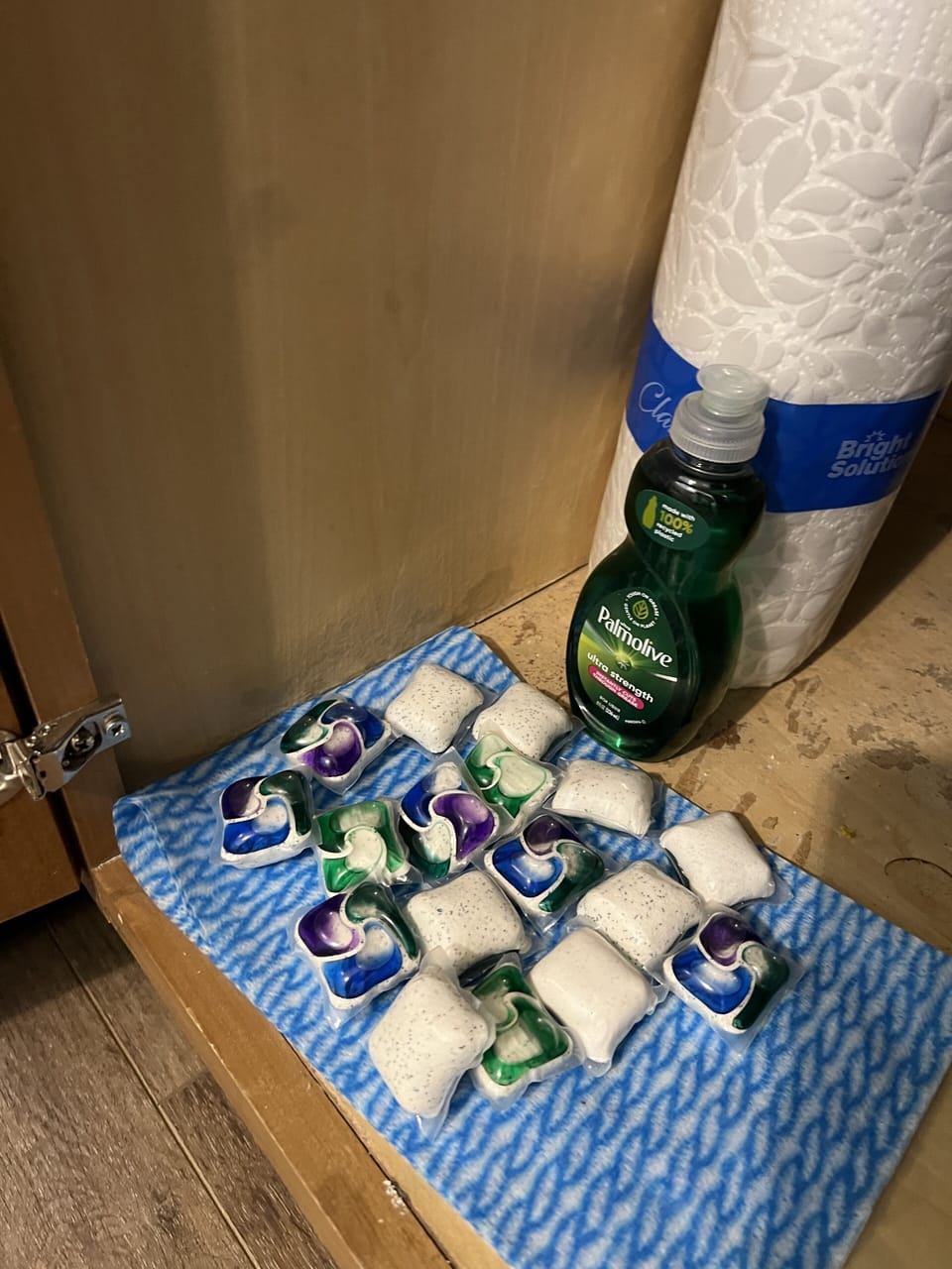 Starter set of cleaning products for kitchen dishes & dishwasher detergent.