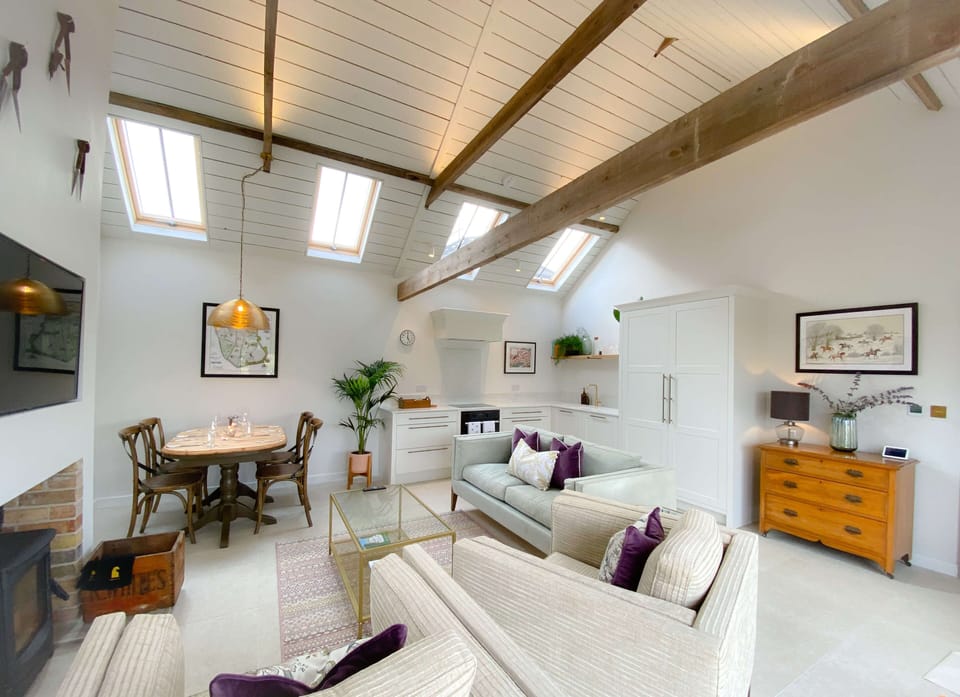 Open plan living space with log burner 
