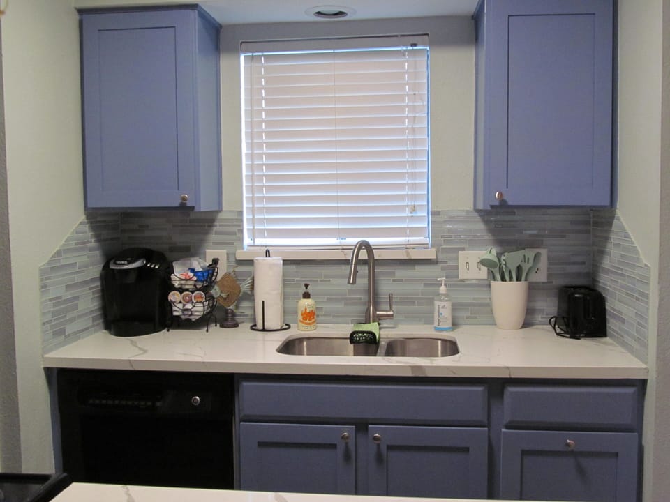 Stocked kitchen with Keurig, pots, pans, dishes, & utensils