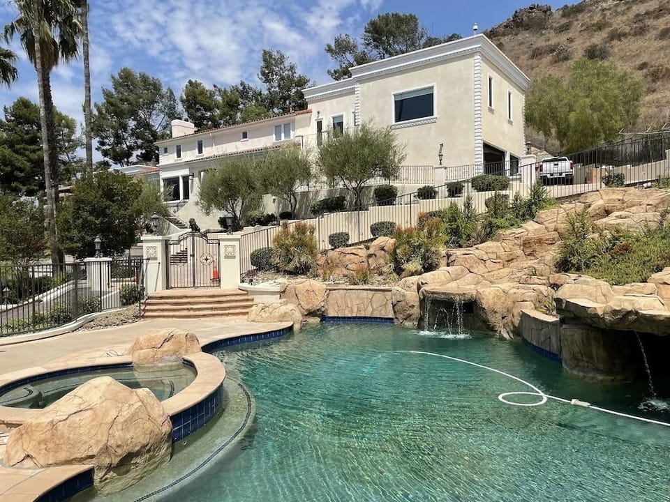 Pool, Waterfall, Hot Tub, Front of the House