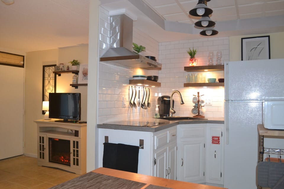 Kitchen and living room.