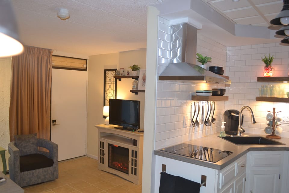 Kitchen and living room.