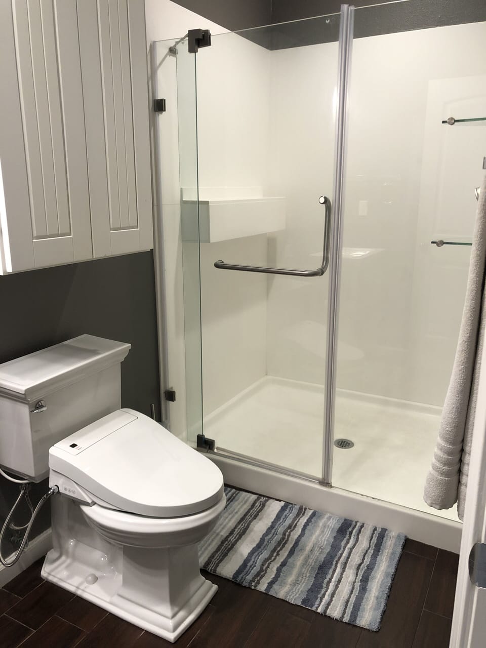 Bathroom with an oversized shower stall and a bidet toilet 