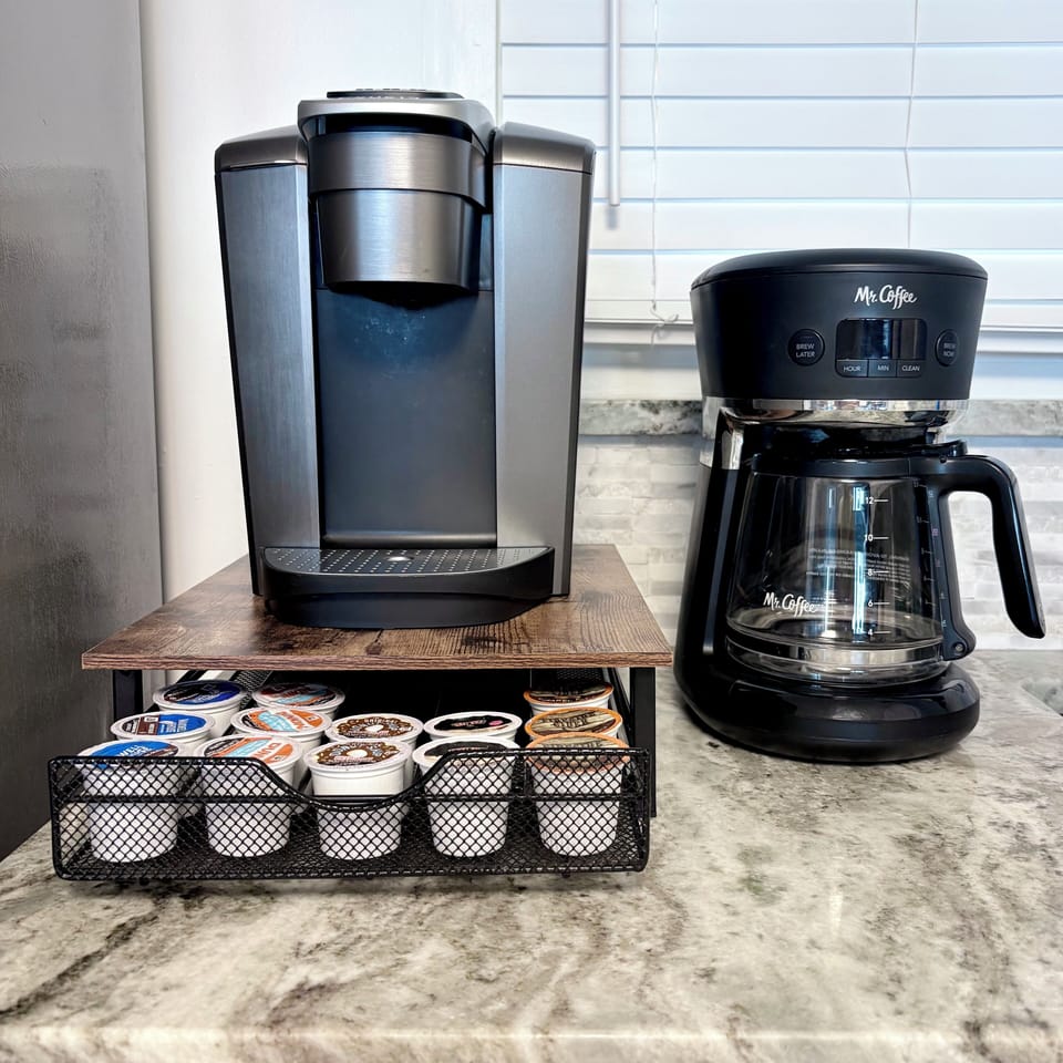 We have both a Keurig and a drip pot coffee maker - a few K-pods are provided