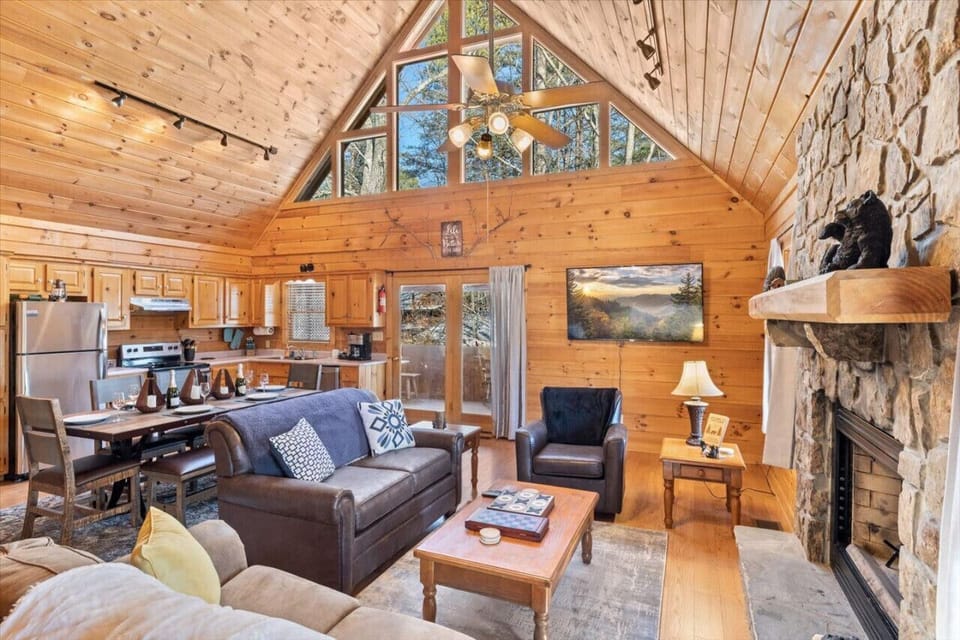 Lets relax by the stone fireplace