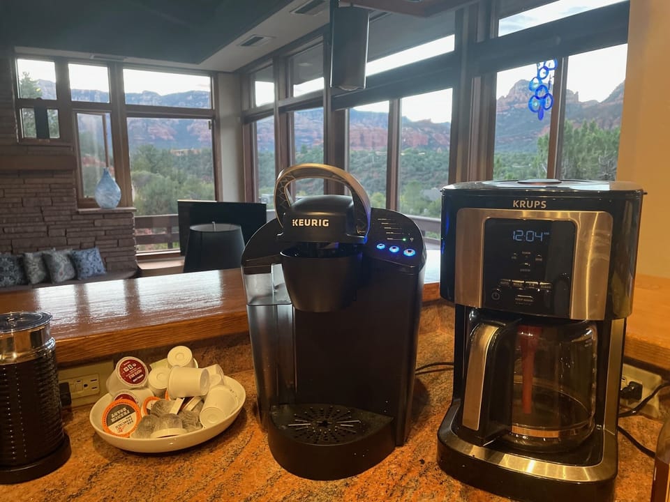 We offer both a Keurig and traditional drip coffee makers for your enjoyment