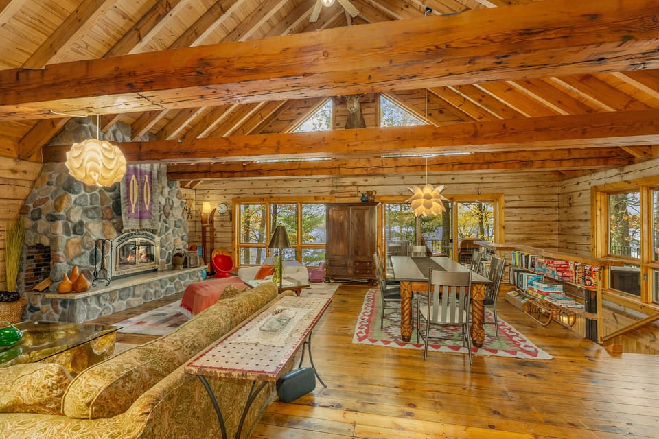 Stone fireplace. Wood is not provided