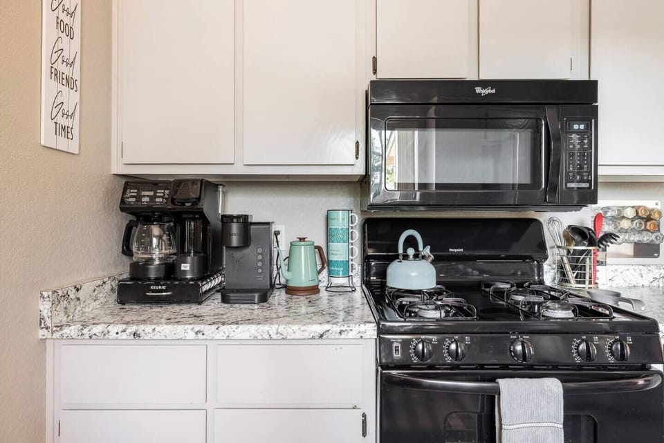 Combo coffee maker has drip and keurig.  Gas stove & built-in microwave, and a multi-function air-fryer/toaster oven.
