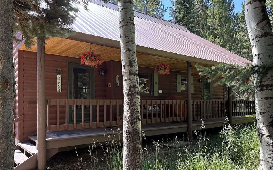 Bear Paw Lodge covered back porch with seating and propane grill.