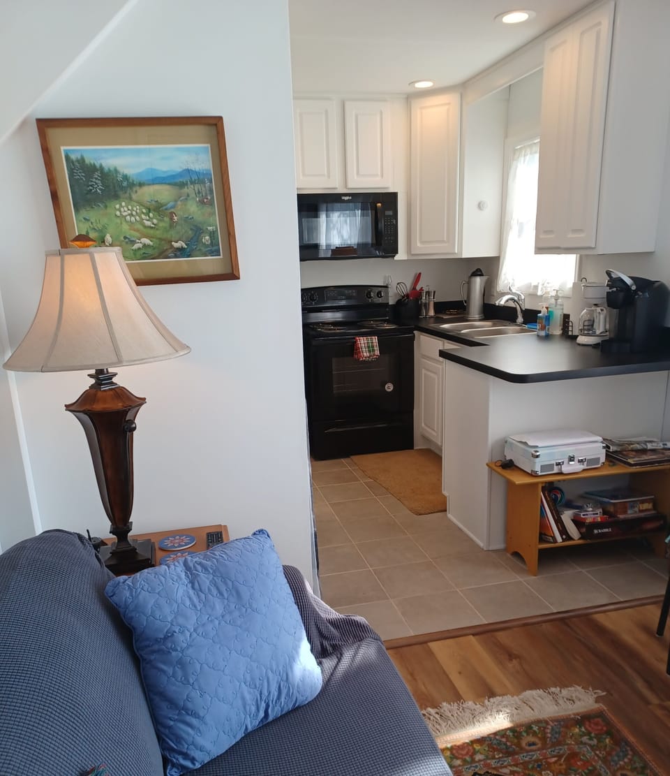 From the loveseat into the kitchen