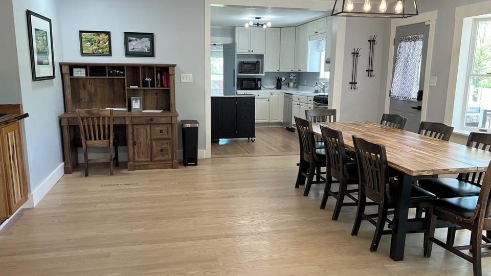 View into the kitchen and the door to the deck.