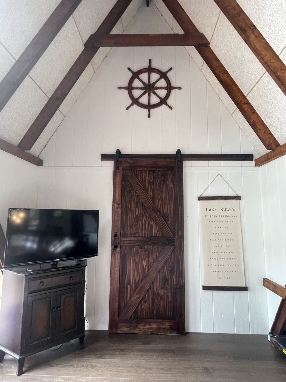 Smart TV, YouTube TV, Netflix and wifi available.  Barn door leads to bedroom
