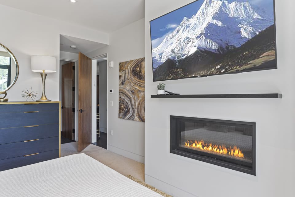 Fireplace, Indoors, Hearth, Screen, Bed