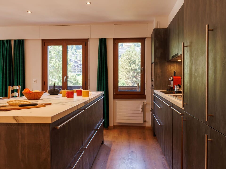 Kitchen, Countertop, Interior Design, Furniture, Cabinetry, Flooring, Wood, Kitchen Appliance, Ceiling, Major Appliance