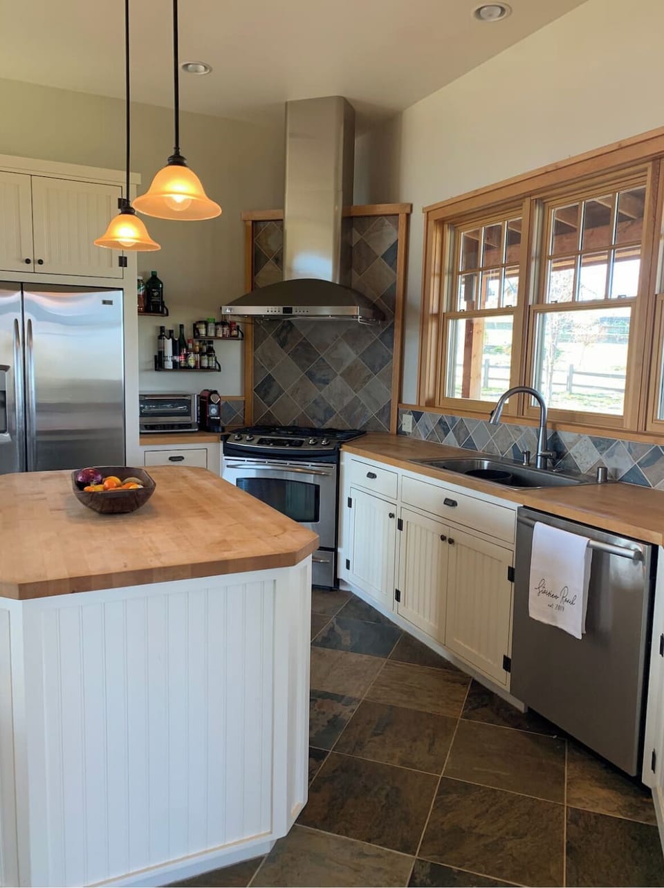 Kitchen with butcher block counters and island
