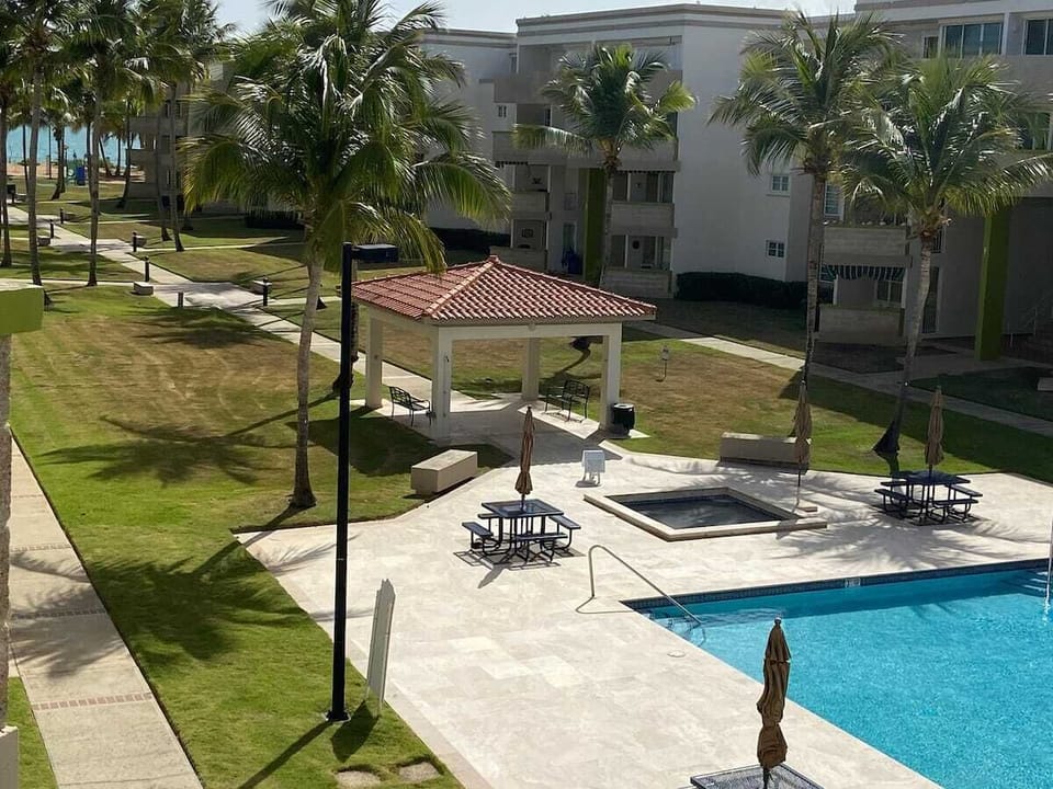 Condominium walkway to beach and pool area. 