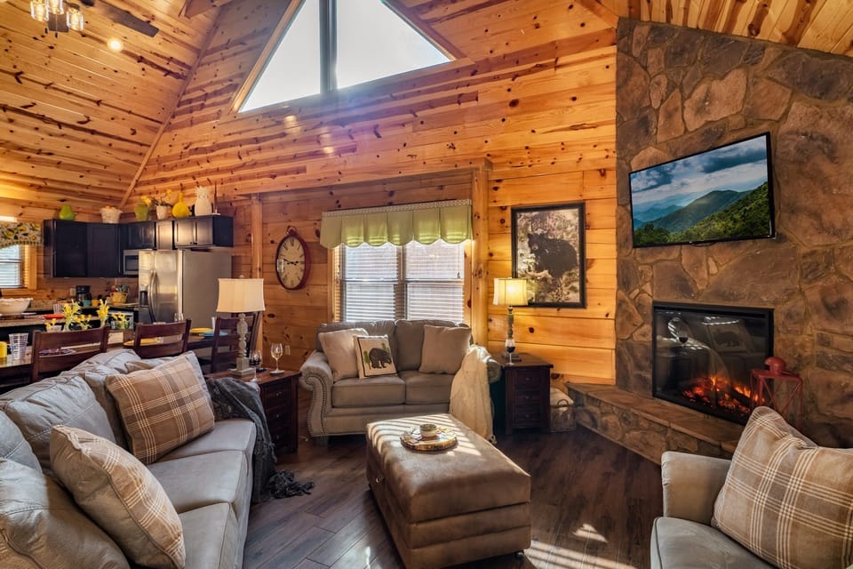 Bright living room — the whole group, one conversation