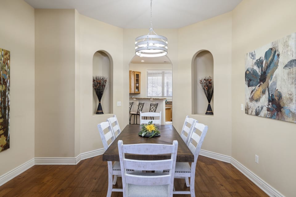 Kitchen, dining area and living room are all open 