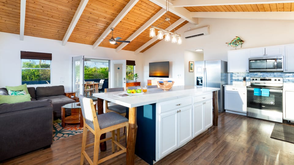 Kitchen and living room. Top floor.  Open concept.