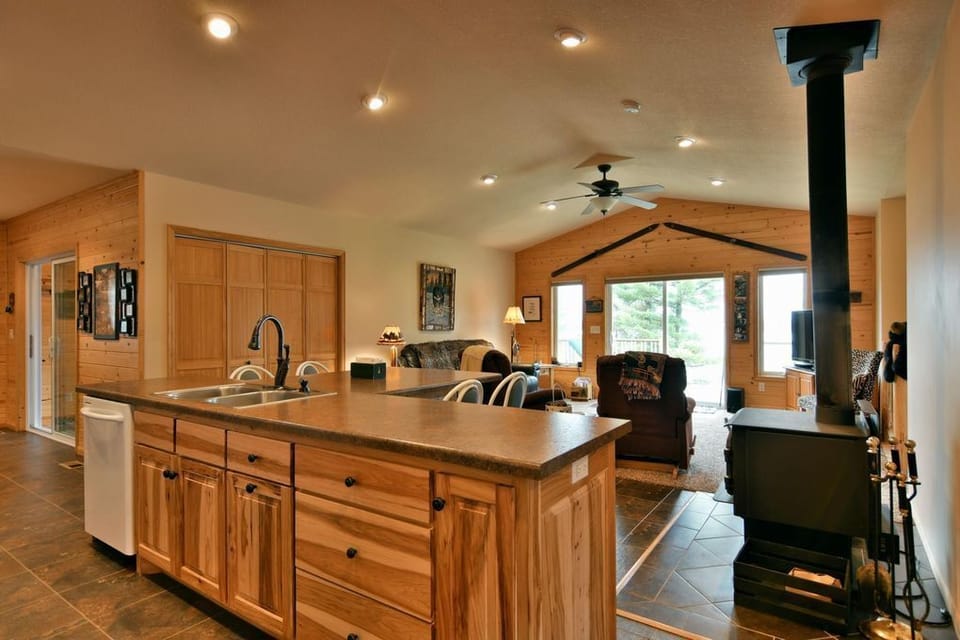 Kitchen Island with Dishwasher and sink.  Do dishes while you view the lake