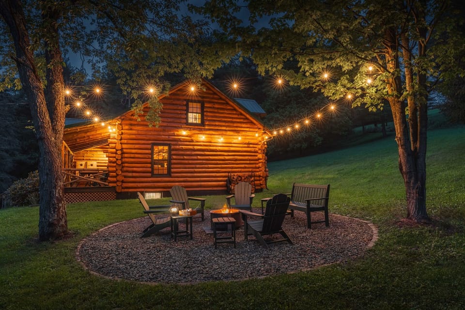 Unwind by the fire under a canopy of string lights—perfect for sharing stories, roasting s’mores, and soaking in the peaceful forest surroundings.