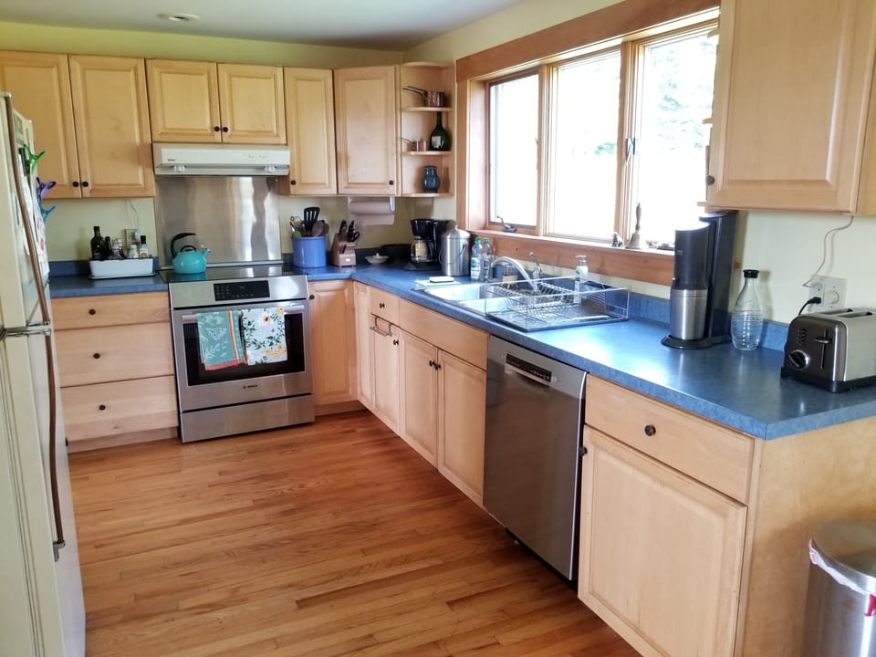 Open kitchen with new appliances and view onto the vegetable garden.
