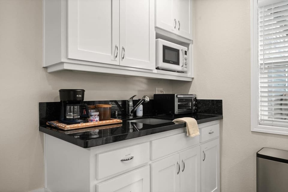 Kitchenette is complete with a coffee bar, sink, microwave, toaster oven, electric stovetop, and minifridge