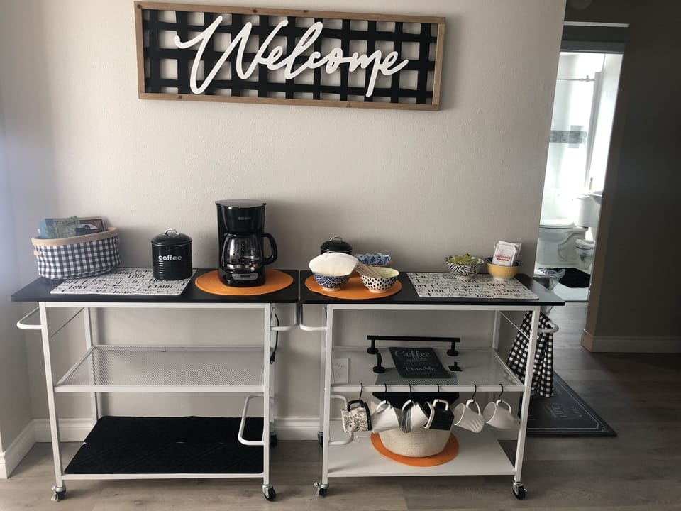 Keurig coffee pot (free pods) Also has a drip coffee pot.  Must bring coffee.