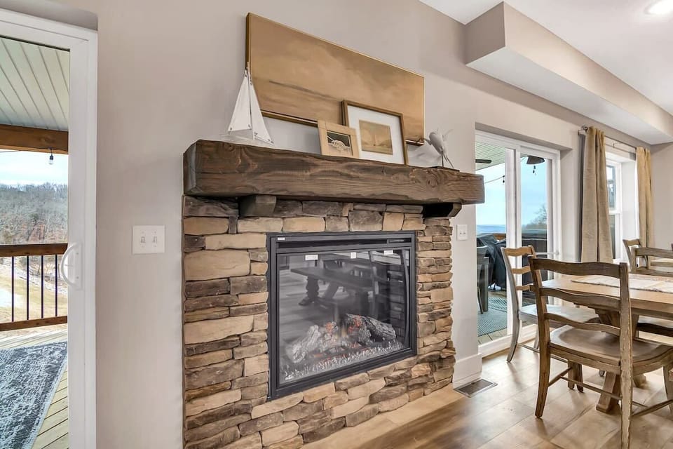 The electric fireplace adds that cozy ambiance!