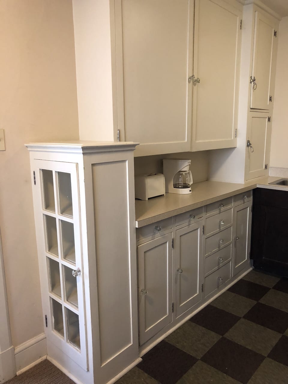 Beautiful, floor to ceiling refinished 100 yr old cabinetry in kitchen. 
