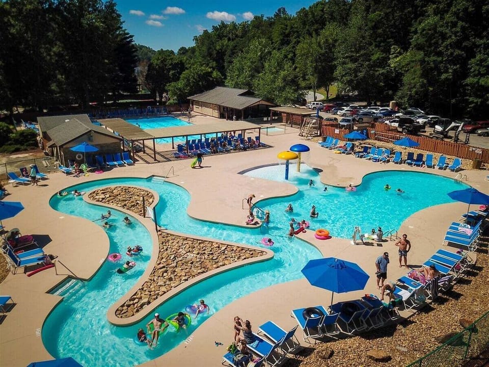 Rumbling bald outdoor pool and lazy river.