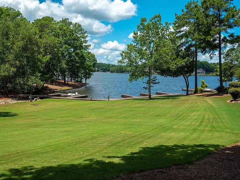 Community lawn leading to the docks