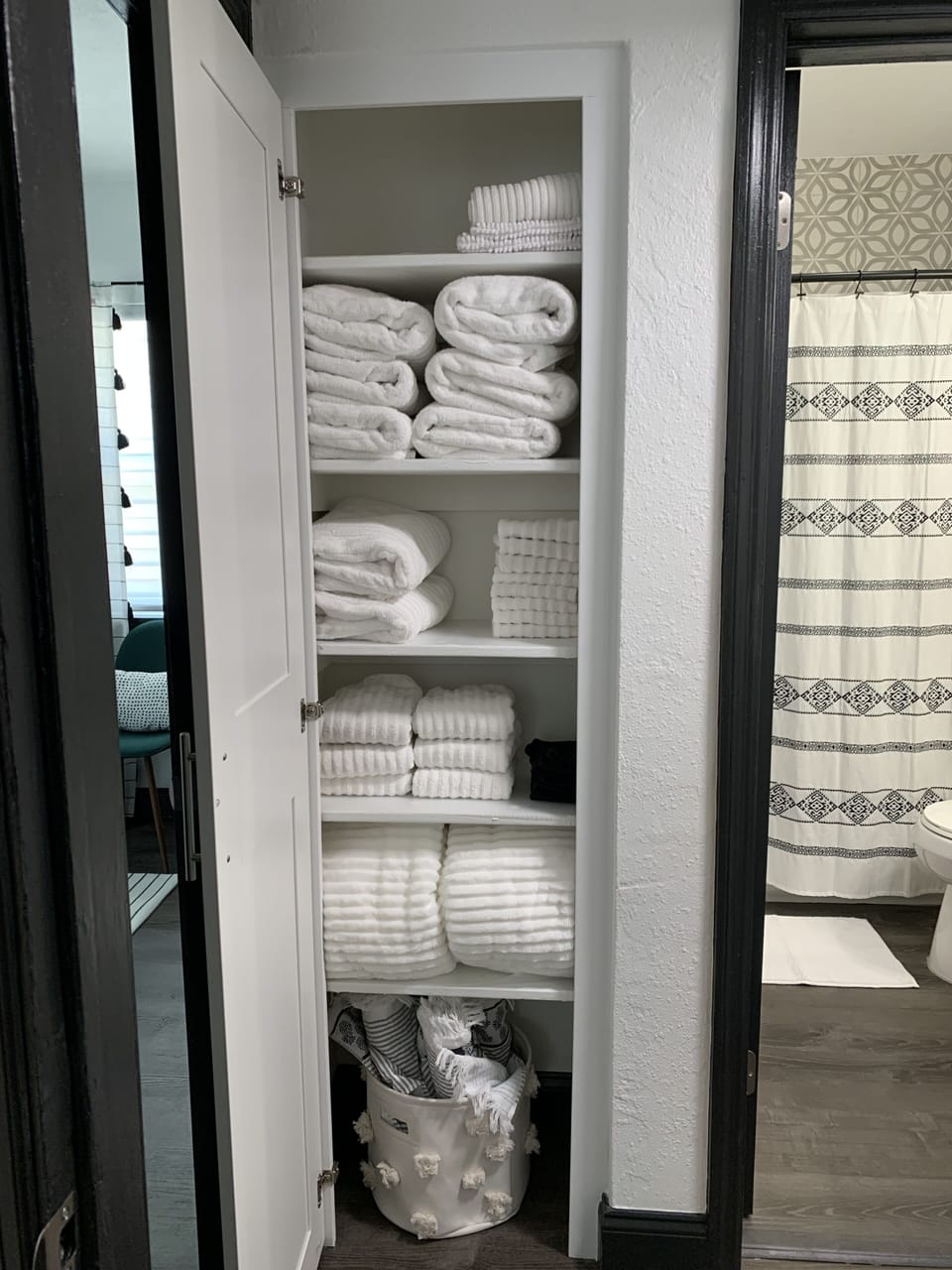 linen closet with all necessities, make-up removal washcloths & beach towels