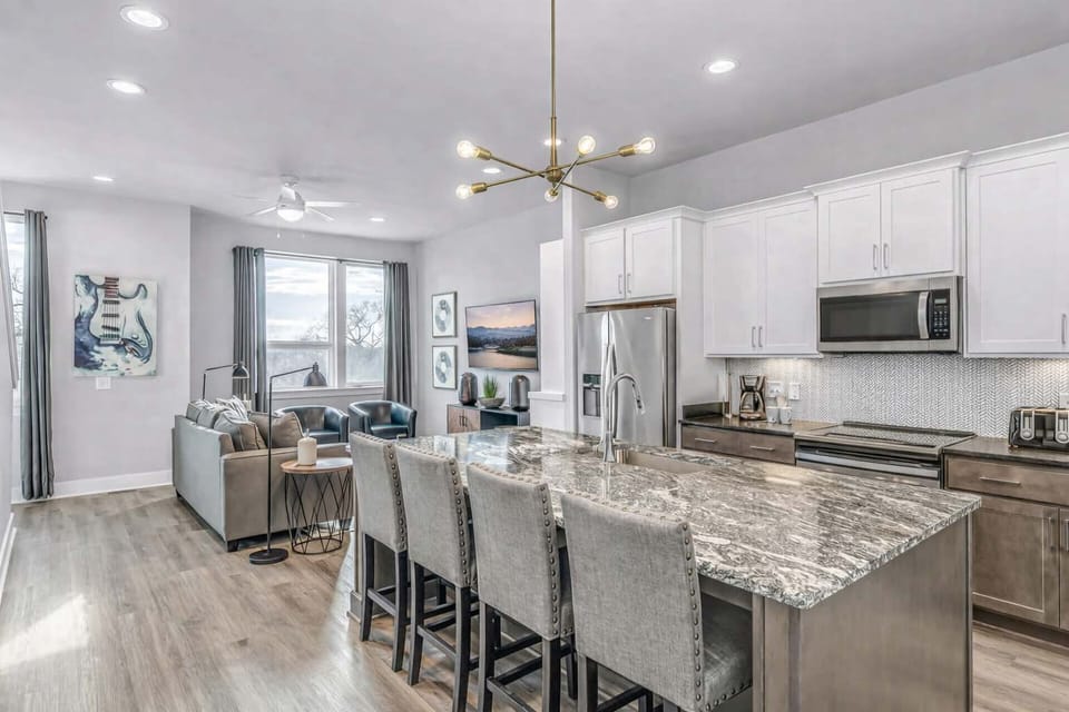 The kitchen island is perfect for quick meals and snacks.