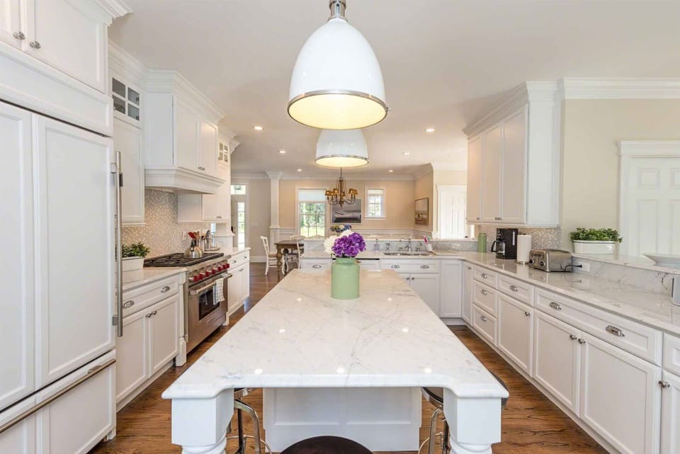 Fully-Equipped Chef%39s Kitchen Has Center Prep Island, Marble Counters & Stainless Commercial Appliances