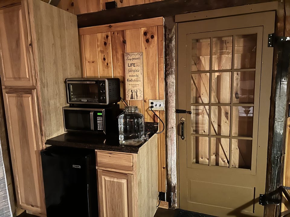 Kitchen area with microwave, fridge freezer and toaster oven